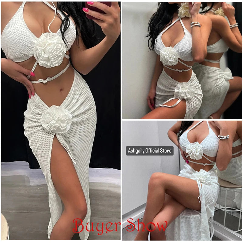 3-Piece Floral Bikini Set with Beach Skirt